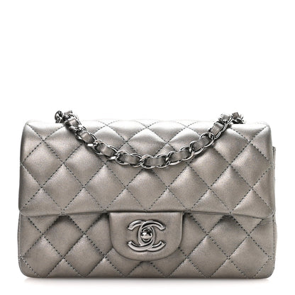 Metallic Lambskin Quilted Mini Rectangular Flap Silver
