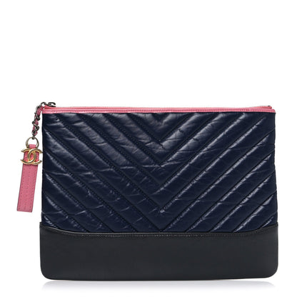 Aged Calfskin Chevron Quilted Medium Gabrielle Cosmetic Case Dark Pink Navy Charcoal