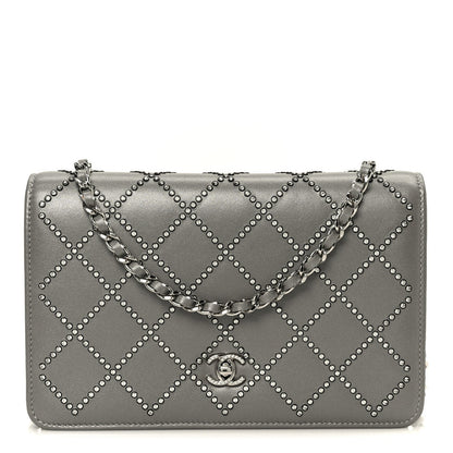 Lambskin Crystal Quilted Wallet On Chain WOC Grey