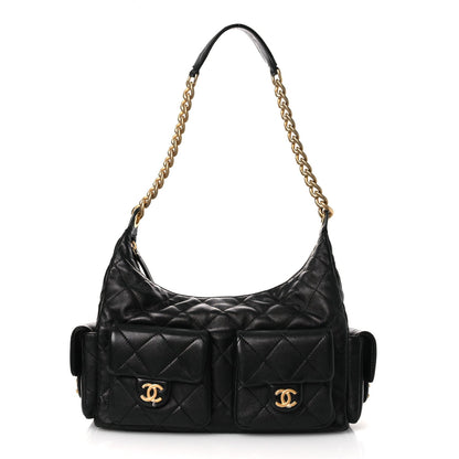 Shiny Lambskin Quilted Trendy Pockets Hobo Black
