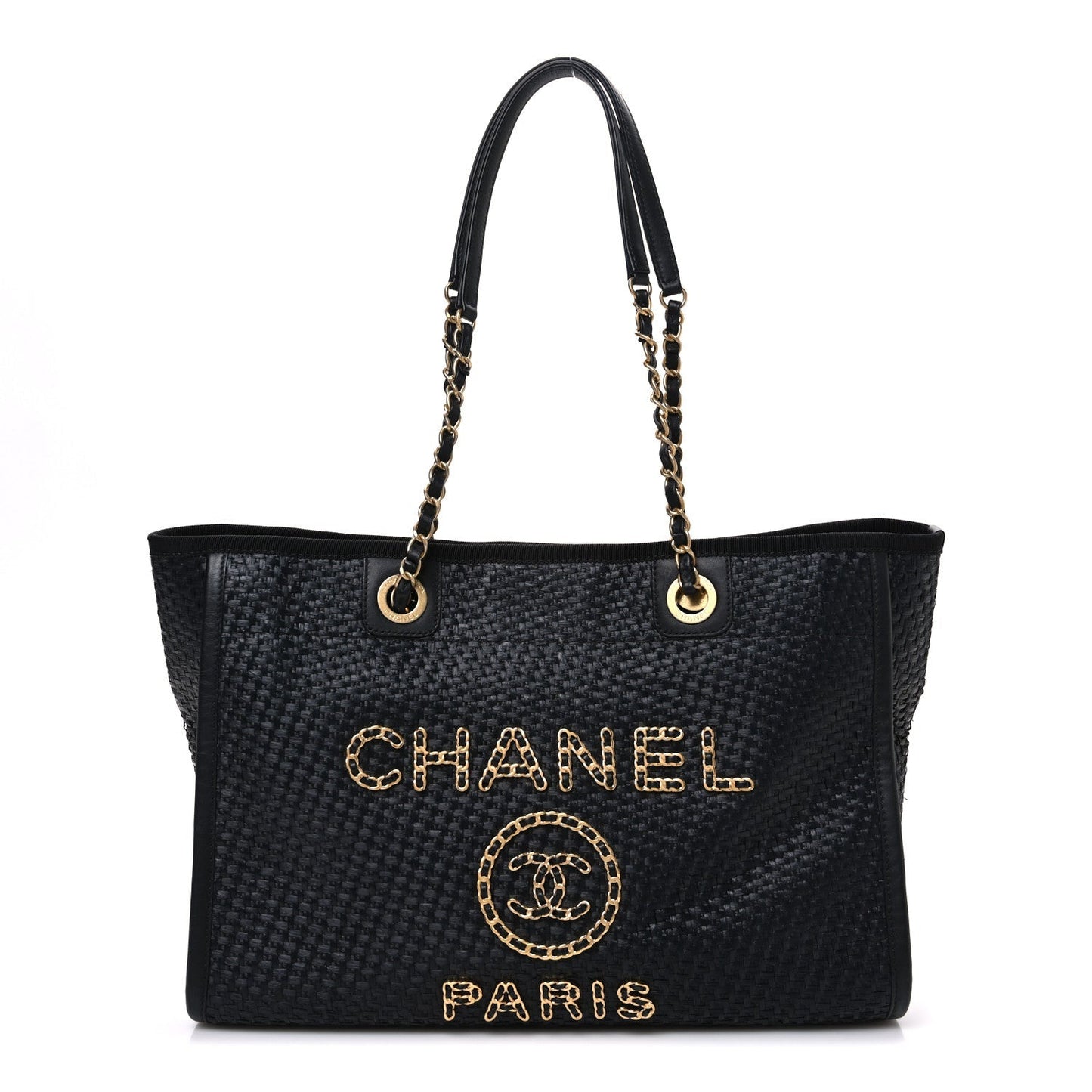 Straw Raffia Calfskin Chain Small Deauville Tote Black