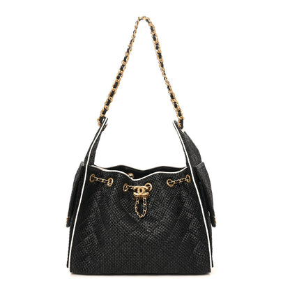 Braided Raffia Calfskin Quilted Small Chanel 25 Handbag Black White