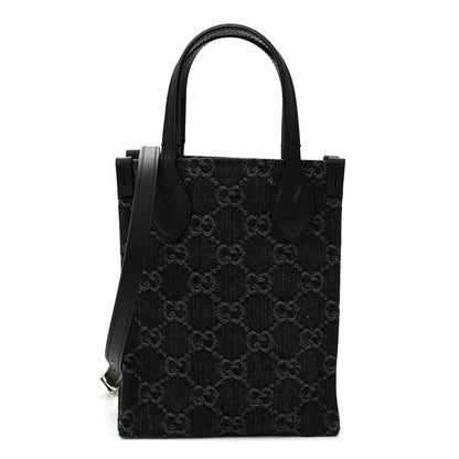 Denim Cuoio Harness GG Monogram Mini Ophidia Tote Bag Black Medium Grey