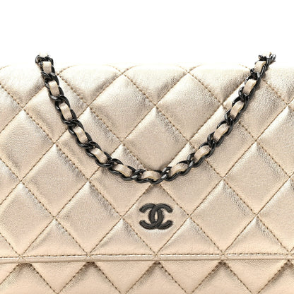 Metallic Lambskin Quilted Wallet On Chain WOC Gold Black
