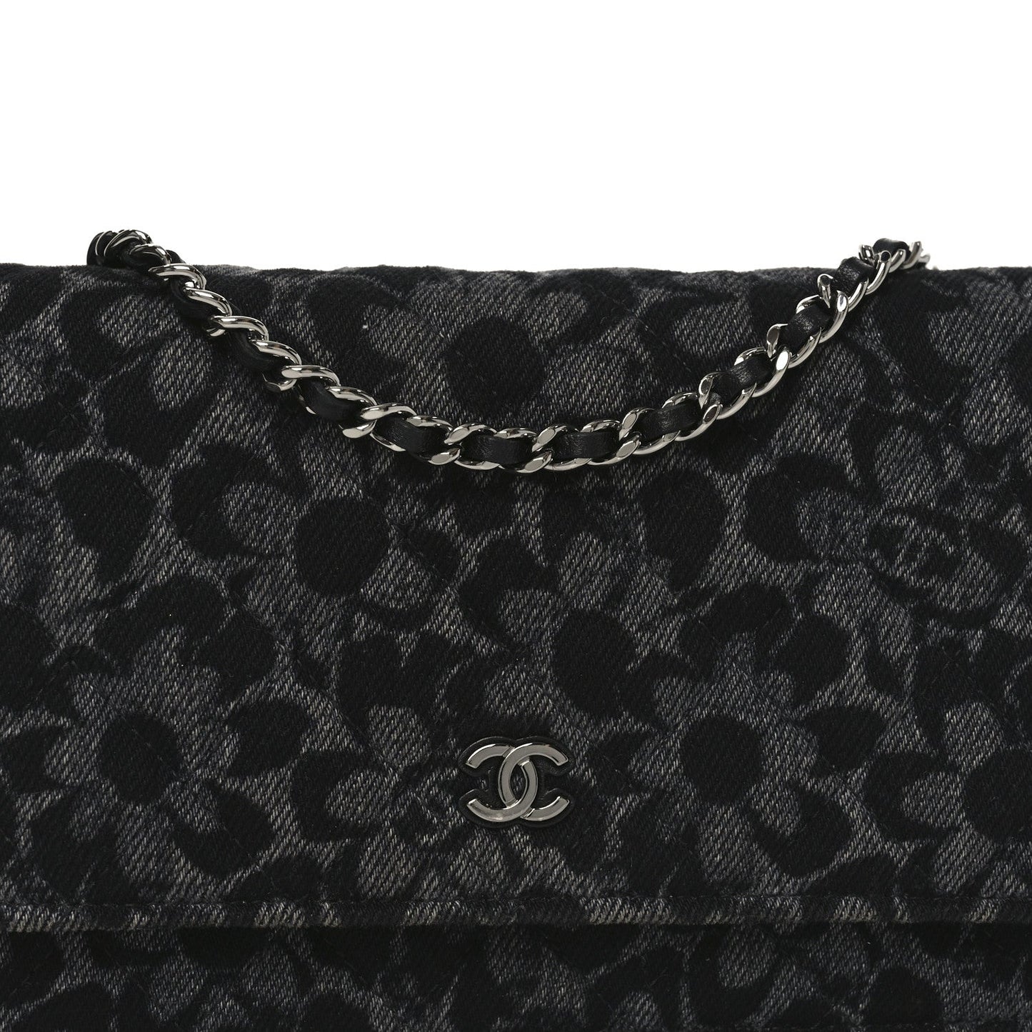 Printed Denim Quilted Flower Wallet On Chain WOC Black