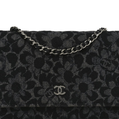 Printed Denim Quilted Flower Wallet On Chain WOC Black