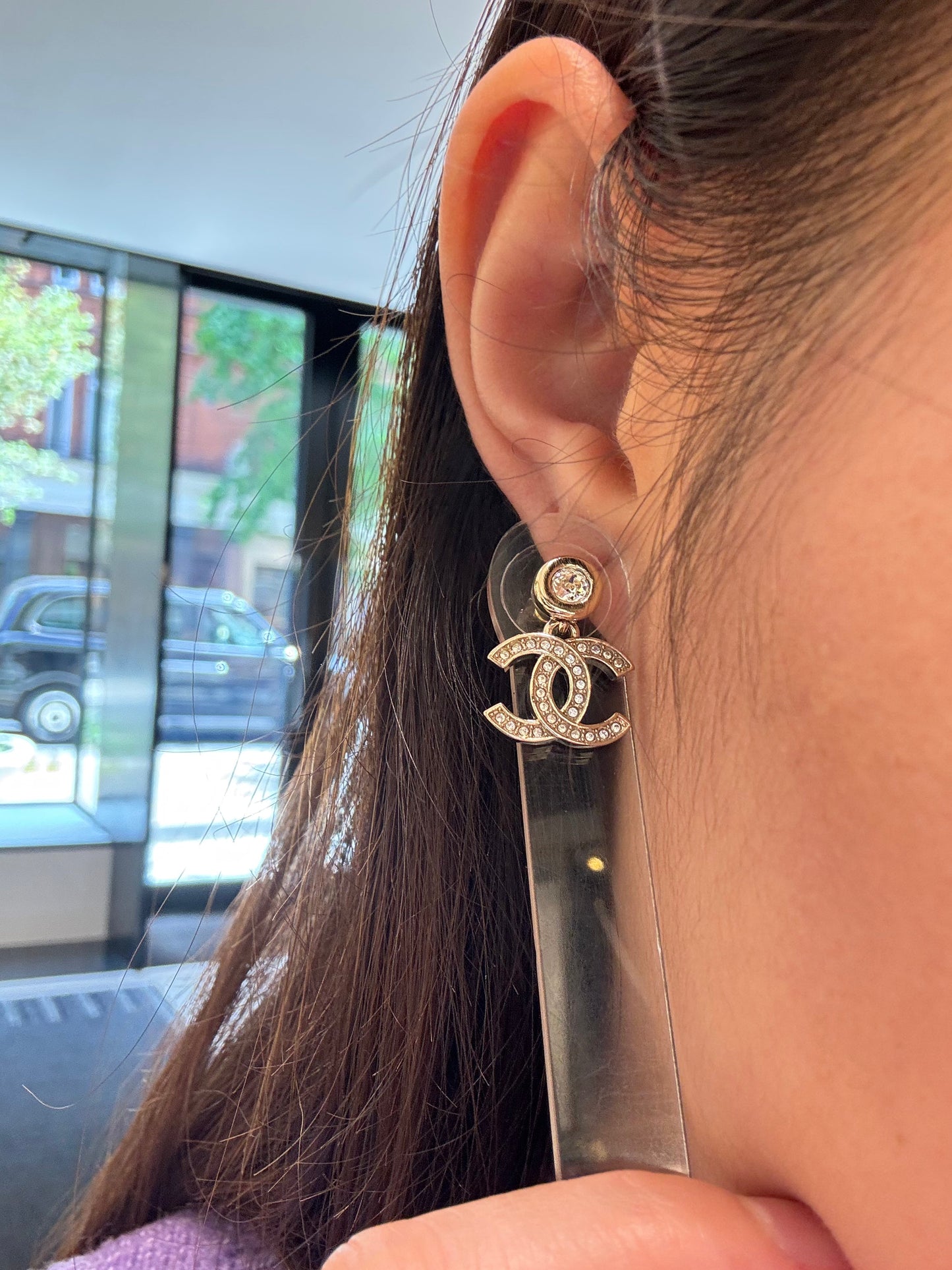 CHANEL Silver CC Crystal Earrings(Silver)