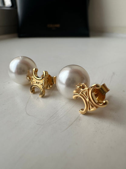 CELINE Triomphe Pearl Earrings Brass(Gold)