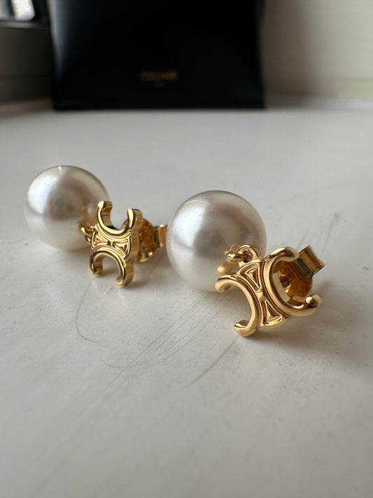 CELINE Triomphe Pearl Earrings Brass(Gold)