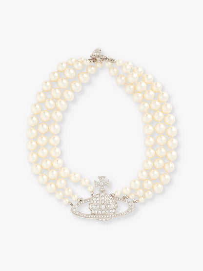 VIVIENNE WESTWOOD Triple-Row Faux-Pearl Orb Pendant Choker Brass(2 Colors)