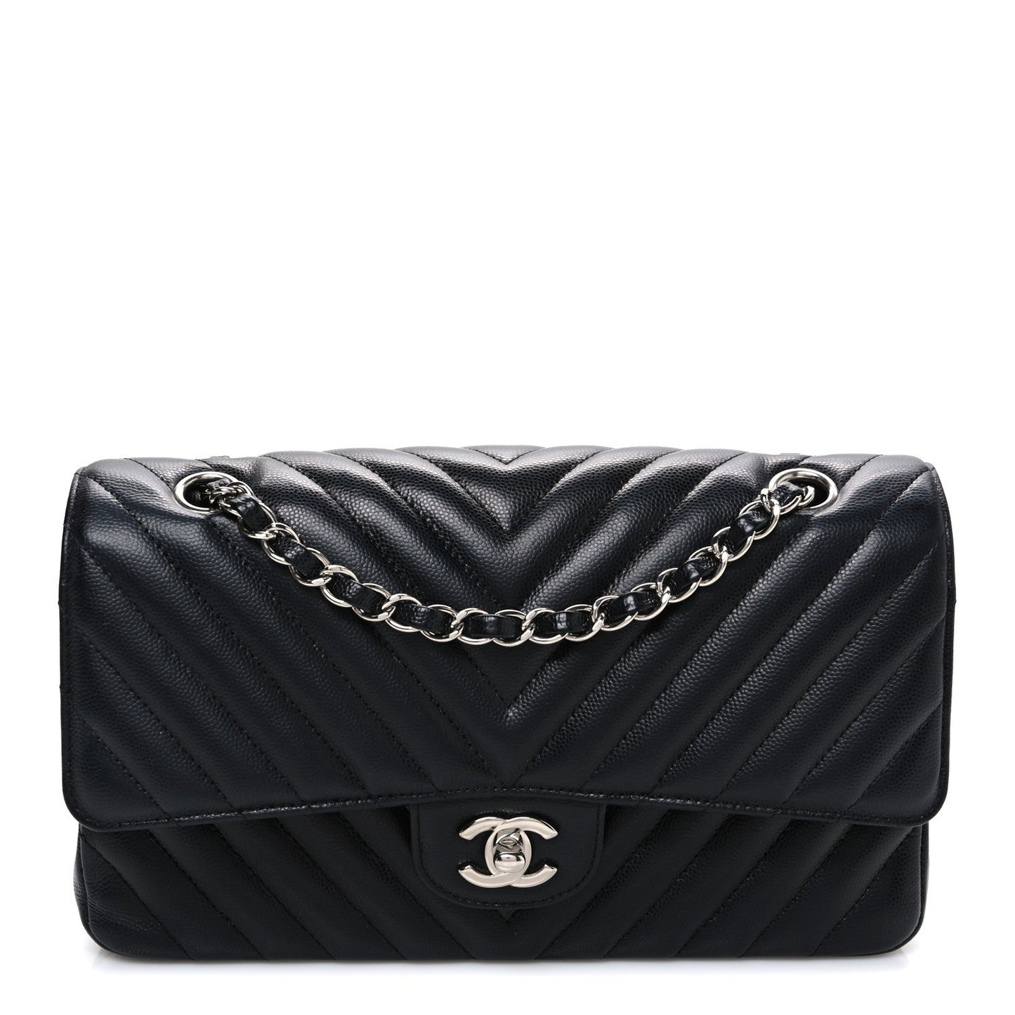 Caviar Chevron Quilted Medium Double Flap Black
