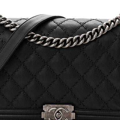 Calfskin Quilted Double Stitched New Medium Boy Flap Black