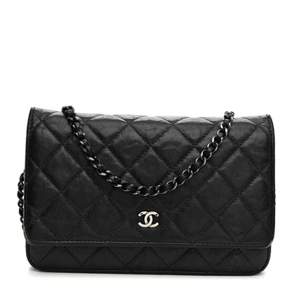 Crumpled Calfskin Quilted Wallet On Chain WOC So Black