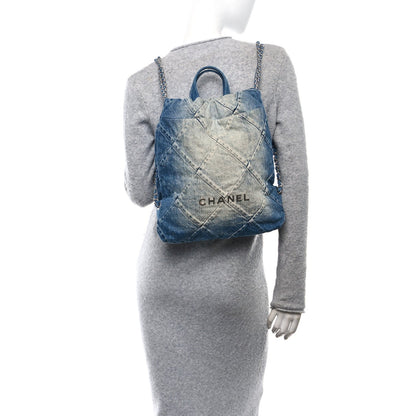 Denim Quilted Chanel 22 Backpack Blue
