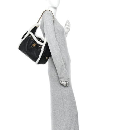 Crumpled Sheepskin Shearling Quilted Small Chanel 25 Handbag Black White