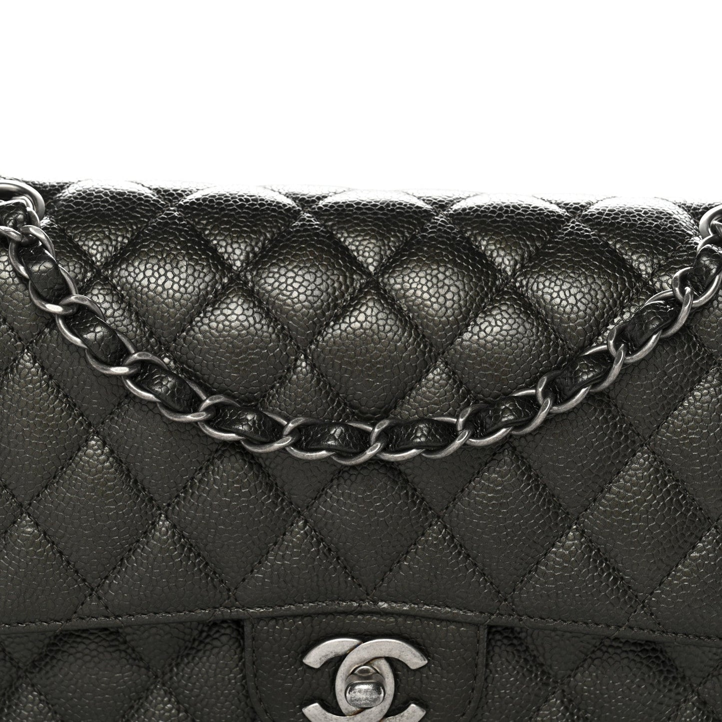 Metallic Caviar Quilted Medium Double Flap Dark Charcoal