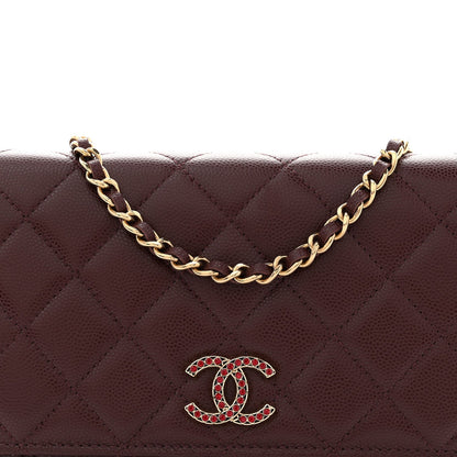 Shiny Caviar Quilted Strass Wallet On Chain WOC Bordeaux