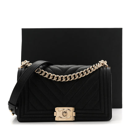 Caviar Chevron Quilted Medium Boy Flap Black