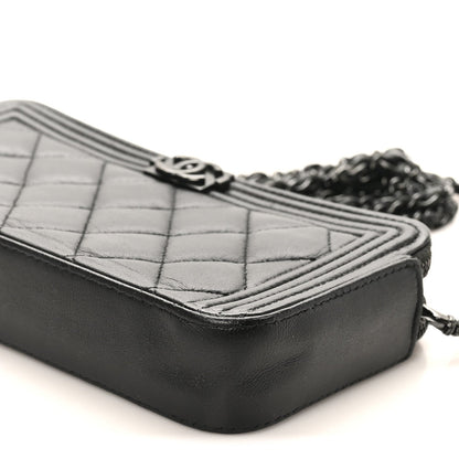Lambskin Quilted Small Boy Clutch With Chain So Black