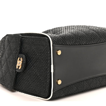 Braided Raffia Calfskin Quilted Small Chanel 25 Handbag Black White