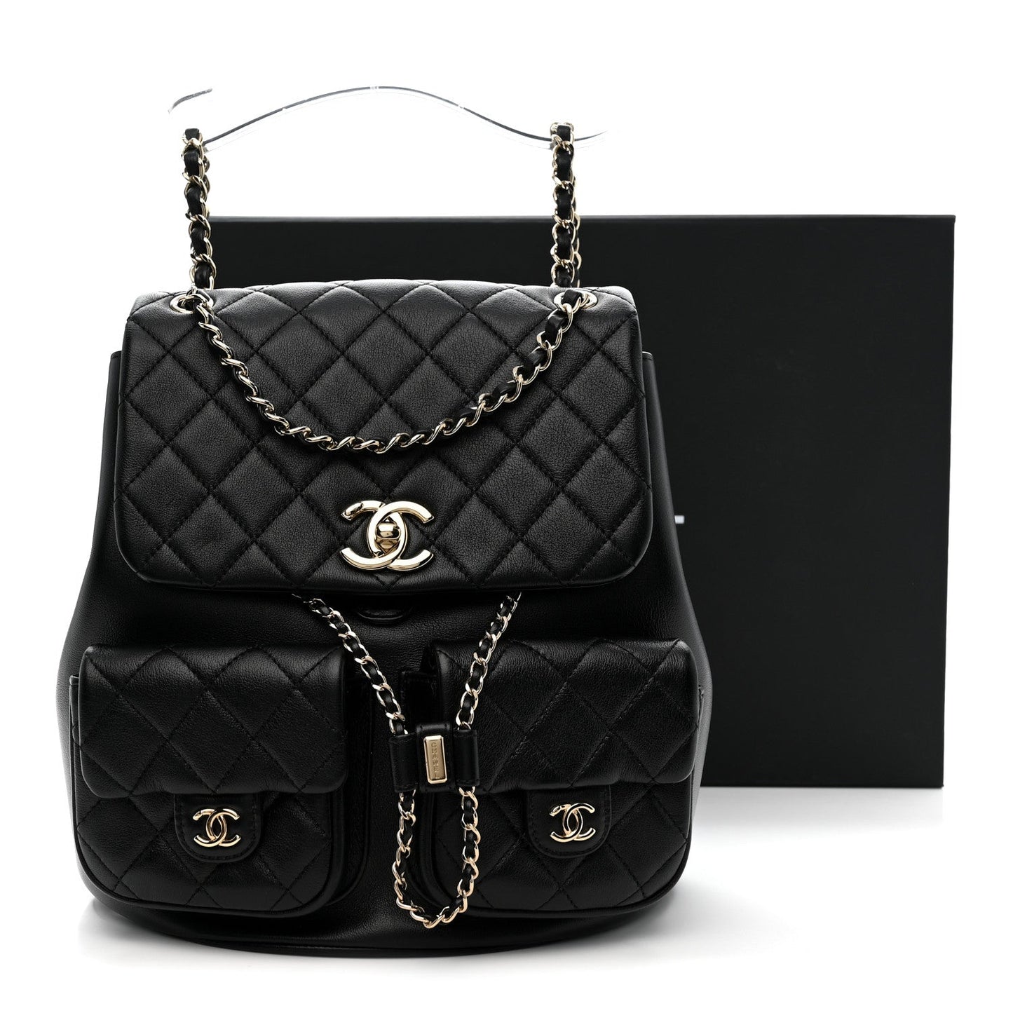 Calfskin Quilted Large Duma Pockets Drawstring Backpack Black