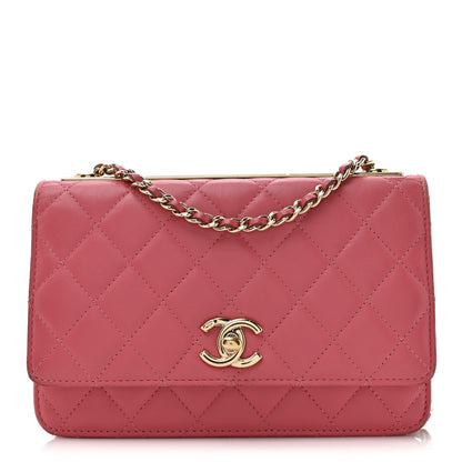 Lambskin Quilted Trendy CC Wallet On Chain WOC Bright Pink