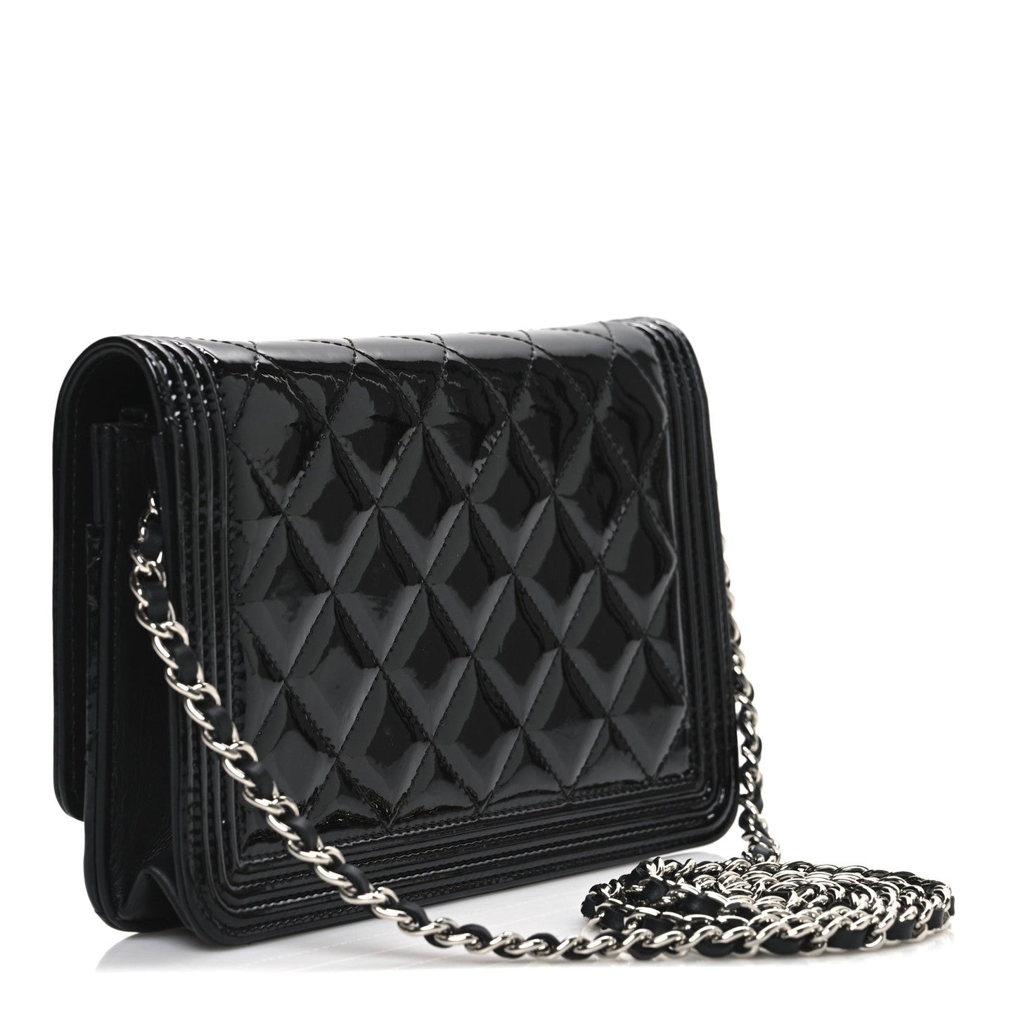 Patent Calfskin Quilted Boy Wallet On Chain WOC Black