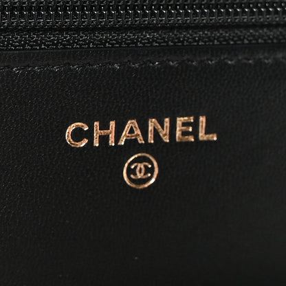Lambskin Quilted Pearl Crown Wallet On Chain WOC Black