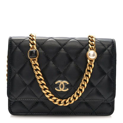 Lambskin Quilted CC Pearl Enamel Clutch on Chain WOC Black