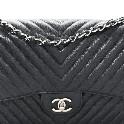 Caviar Chevron Quilted Jumbo Double Flap Black