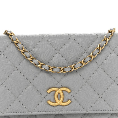 Caviar Quilted Textured CC Wallet On Chain WOC Grey