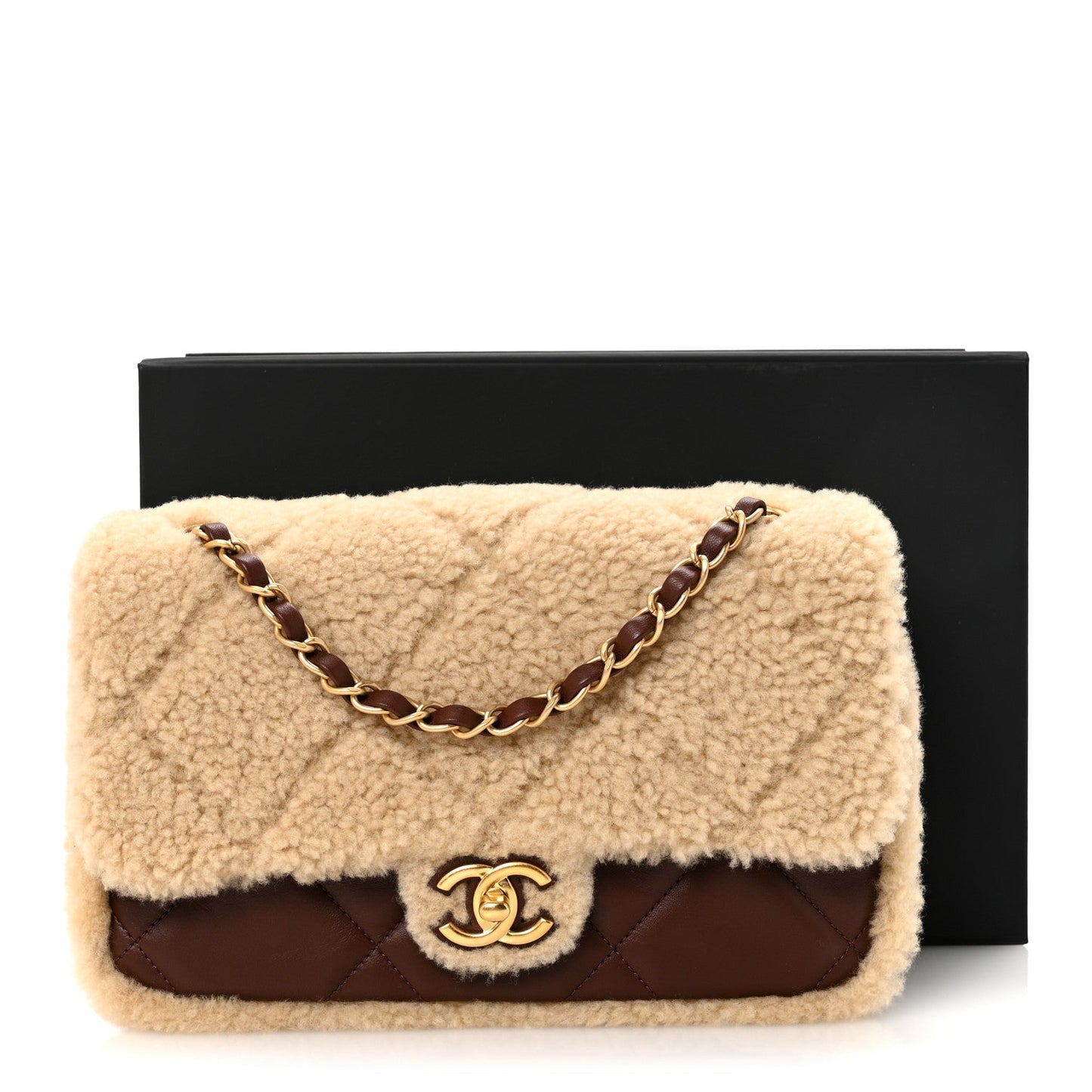 Shearling Lambskin Quilted Furry Coco Flap Dark Brown Beige