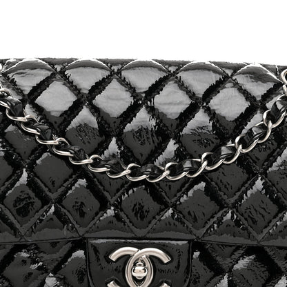 Distressed Patent Quilted Medium Double Flap Black