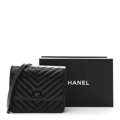 Aged Calfskin Chevron Quilted Reissue 2.55 Square Wallet On Chain WOC So Black