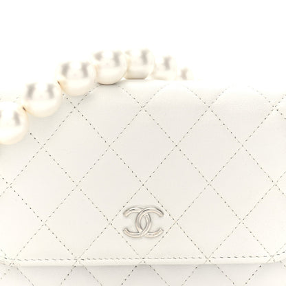 Lambskin Quilted Mini Pearl Wallet On Chain WOC White