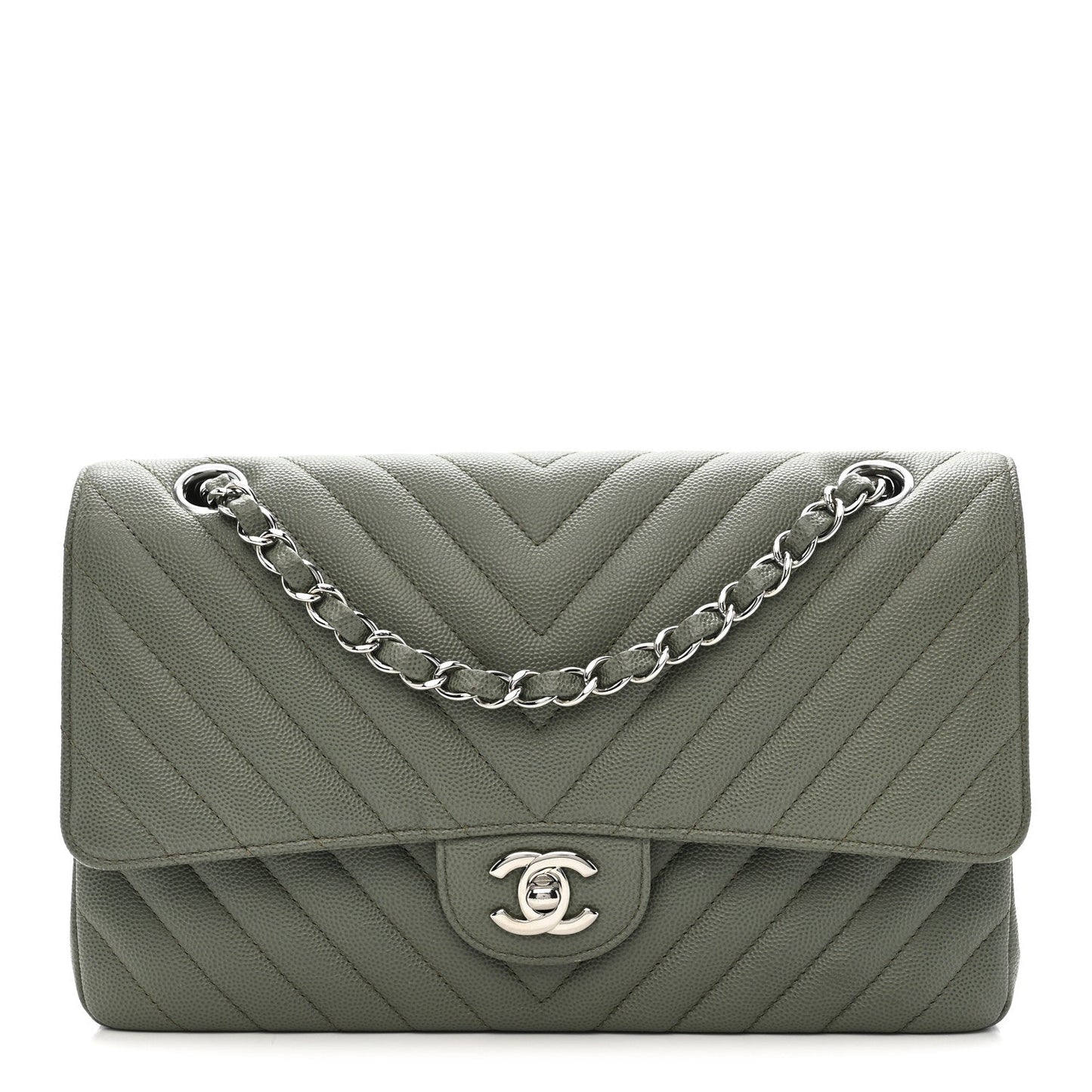 Caviar Chevron Quilted Medium Double Flap  Green