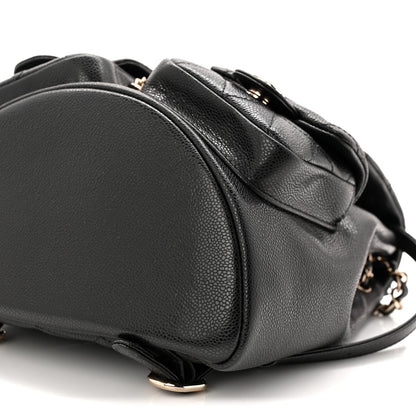 Shiny Caviar Quilted Medium Duma Pockets Drawstring Backpack Black