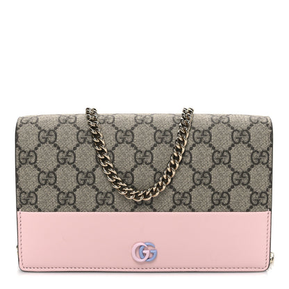 GG Supreme Monogram Textured Dollar Calfskin Mini GG Marmont Chain Wallet Light Pink Blue Beige