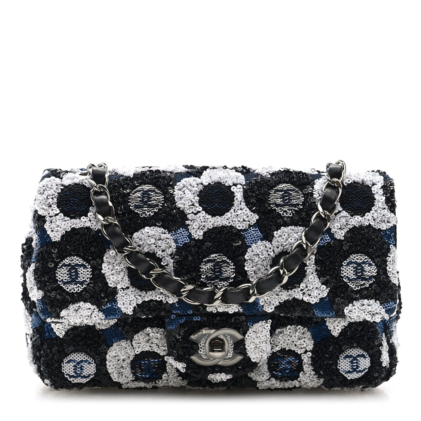 Satin Sequin Embellished Flower Mini Rectangular Flap Black White Blue