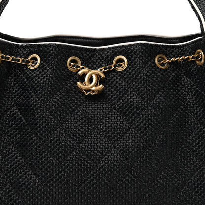 Braided Raffia Calfskin Small Chanel 25 Handbag Black White