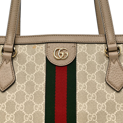 GG Supreme Monogram Textured Dollar Calfskin Web Medium Ophidia Shopping Tote Beige Mystic White Oatmeal