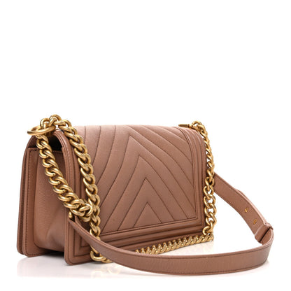 Caviar Chevron Quilted Medium Boy Flap Dark Beige