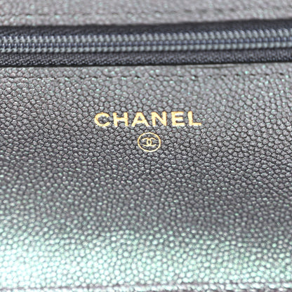 Iridescent Caviar Quilted Wallet On Chain WOC Green
