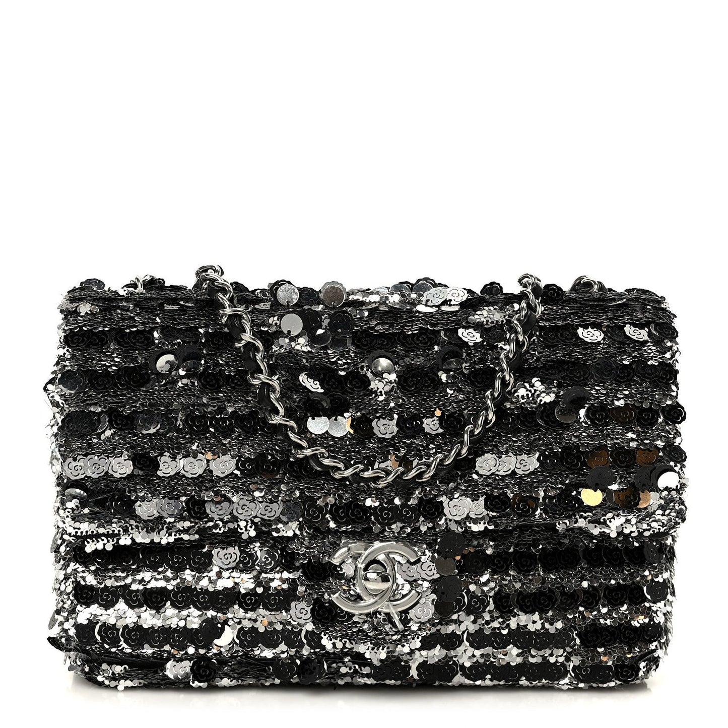 Sequin Camellia Small Single Flap Silver Black