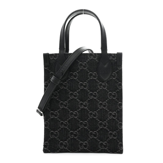 Denim Cuoio Harness GG Monogram Mini Ophidia Tote Bag Black Medium Grey