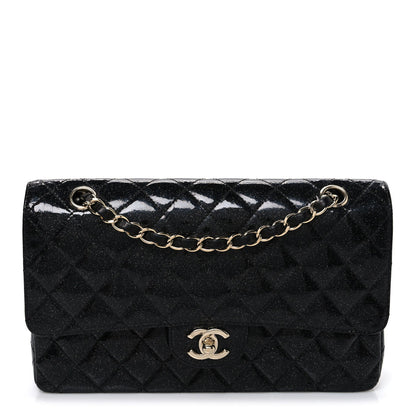 Patent Quilted Sparkle Glitter Medium Double Flap Black