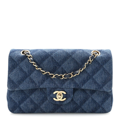 Printed Denim Quilted Small Double Flap Blue
