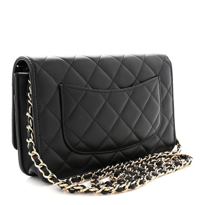 Lambskin Quilted Enamel CC Wallet On Chain WOC Black