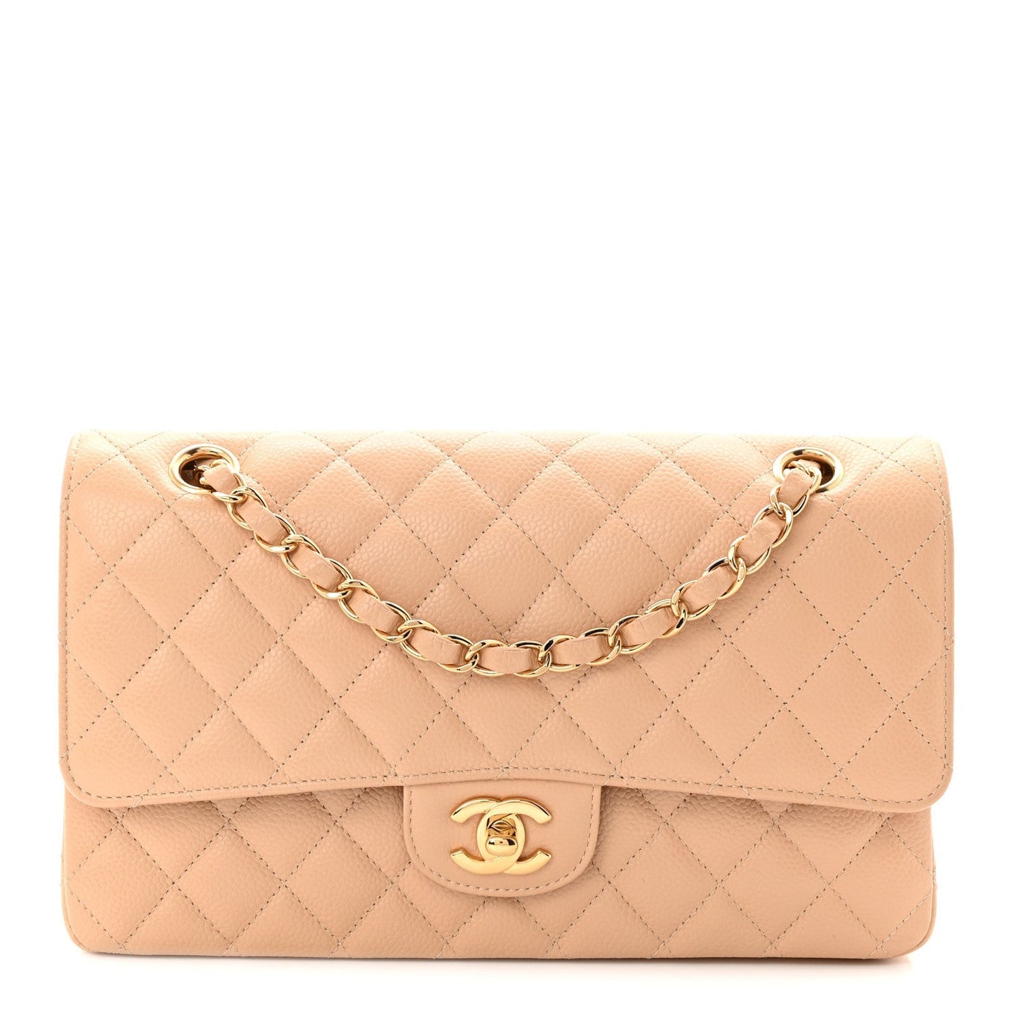 Caviar Quilted Medium Double Flap Beige
