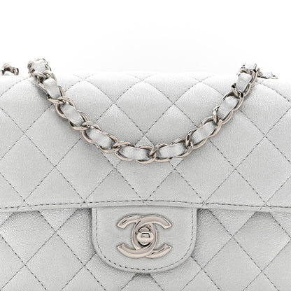 Metallic Lambskin Quilted Mini Rectangular Flap Silver